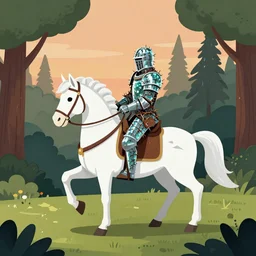 knight wearing armor made of thorns and glass rides a white unicorn into a forest clearing, illustration, radiant evening light, isometric, by greg rutkowski