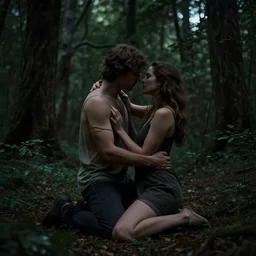 couple making love in dark forest, realistic, dramatic lighting