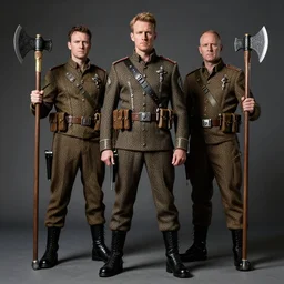 full body 8 k photo of paul chuckle standing next to barry chuckle dressed as sas soldiers holding battle - axes, intricate, elegant, highly detailed, cinestill, dramatic lighting, sharp focus,