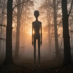 tall subtle humanoid, big head, lost in the foggy woods, by simon stalenhag, roger dean and greg rutkowsky, sunset