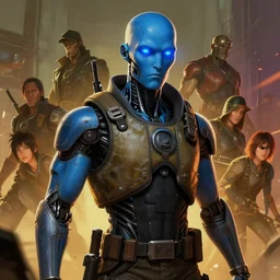cell shaded long shot of a cybernetic blue bald soldier with glowing blue eyes as Borderlands 3 concept art, llustration, post grunge, concept art by josan gonzales and wlop, by james jean, Victo ngai, David Rubín, Mike Mignola, Laurie Greasley, highly detailed, sharp focus,alien,Trending on Artstation, HQ, deviantart, art by artgem