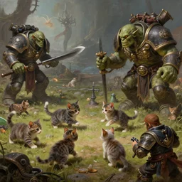 fantasy battlefield, cute kittens fighting orcs, fantasy intricate detailed, in style of gottfried helnwein concept art and digital painting, wayne barlow, warhammer fantasy realism artists,
