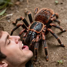 Mega tarantula eating a man, hyper realistic, photography