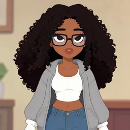 a very beautiful curvy!!, sexy girl with dark complexion, long, curly, afro hair, stylistic oval black eyes, half - frame square glasses, grey hoodie opened, white tank top, white gloves, denim jeans, character art, digital art, cartoon network, cel shaded, character art