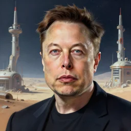 Portrait of Elon Musk in a desolate space colony, fantasy, high detail, elegant, digital painting, WLOP, natural light, vibrant, intricate, textured skin, highly detailed, artstation, sharp, focus, illustration, Anna Dittmann, Ilya Kuvshinov, Nikolay Makovsky