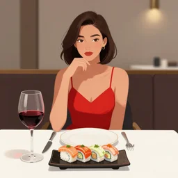 sketch of a girl in a red dress on a date night sitting on the table from front with a wine sushi on the table