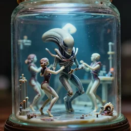 beautiful three point perspective film still of underwater xenomorph lab dance scene in aliens, extreme closeup 3 / 4 portrait in style of frontiers in blade runner miniature photography fashion architectural art studio edition, real - life porcelain statue in victorian glass jar, pursed lips, anatomically correct, tilt shift background, sharp focus, panavision, 8 k, macro, cinematic style
