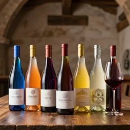 a selection of wines arranged aesthetically in bottles and glasses in a medieval tavern. the wines are blue, orange, violet, yellow, white, red.