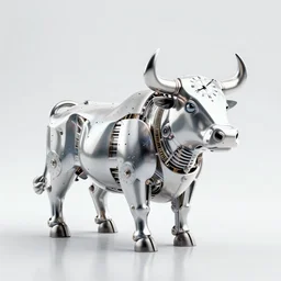 a clockwork mechanical bull, ultra high detail, high particle effects, highly reflective surface, realistic reflections