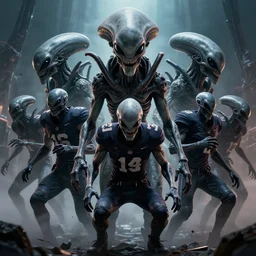 epic professional digital art of an American football team of terrifying grey aliens, best on artstation, cgsociety, wlop, cinematic, breathtaking, epic, stunning, gorgeous, much detail, much wow, masterpiece
