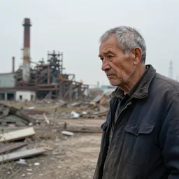 a sad old man looks on as in the distance a factory he used to work in is destroyed