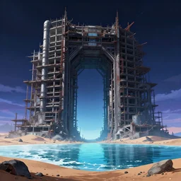 a beautiful photorealistic anime illustration of portal industrial architecture unfinished building by carlo stanga, at night futuristic bladerunner 2 0 4 9 sea at winter lake alien vaporwave cyberpunk earth desert otherworldly nightvision apocalyptic san andreas, archdaily, wallpaper, highly detailed, trending on artstation.