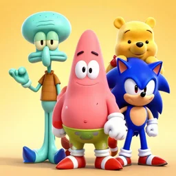 super smash bros brawl with squidward tentacles and patrick star and sonic the hedgehog winnie the poo, super high quality render