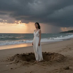 a beautiful asian woman with white dress standing lonely on the beach, there is a dig hole beside her, stormy landscape by malczewski, landscape by jakub rozalski, surreal photography, sunset, dramatic light, digital painting, artstation, simon stalenha, greg rutkowski,