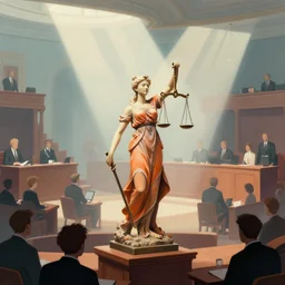 editorial illustration by karolis strautniekas and mads berg, illustrated ( ( lady justice statue ) ) in a busy court room interior, many people, low fog, fine texture, detailed, muted colors, dramatic lighting, dynamic composition, vivid, matte print, wide angle, ( ( sunbeams ) ), moody, dark orange + light blue + beige + black