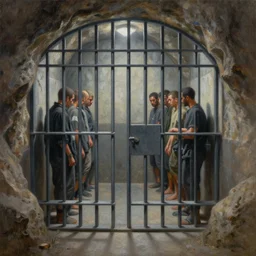 full length painting of prison cell inside a cave, prisoners inside, highly detailed, high resolution, oil in canvas