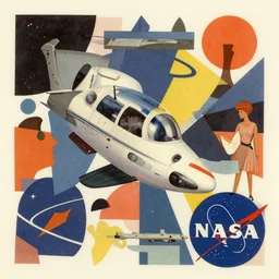 an abstract mid - century modern collage of random shapes cut from vintage science and fashion magazines depicting the future of space travel as imagined in 1 9 5 6. nasa.