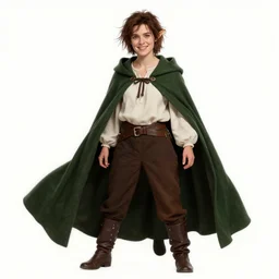 a beautiful woman, beauty, high cheek bones, half smile, mischievous, bard, brown hair, messy hairstyle, short hair, cream colored peasant shirt, brown pants, leather boots, dark green cloak, round hood, elf ears, youthful, white background, proportionate, by Tony Sart, trending on artstation, realistic, highly detailed, masterpiece