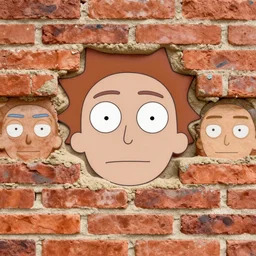 a wall of bricks with rick Sanchez’s face and in between the bricks is mortar with Morty smith’s face