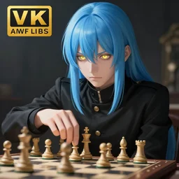 rimuru playing chess, with gold eyes, sky blue straight hair, bangs, black jacket, high collar, concept art, award winning photography, digital painting, cinematic, by wlop, anime key visual, wlop, 8 k, by ross tran, tom bagshaw, ilya kuvshinov,