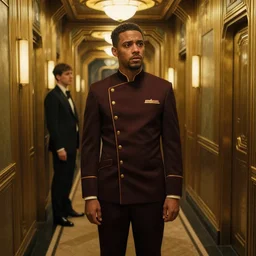tahmoh penikett wearing a retro hotel uniform. he looks concerned. he is in a brass bronze gold retro futuristic art deco hotel corridor. beautiful painting by artgerm and greg rutkowski and ilya kuvshinov