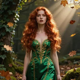 portrait of a red haired woman wearing a green satin dress with fine gold filigree, autumn leaves falling, dramatic volumetric lighting, god rays, global illumination, soft, sharp focus, ivy, masterpiece, moss, trending on artstation, cyberpunk concept art by artgerm and Alphonse Mucha and Moebius
