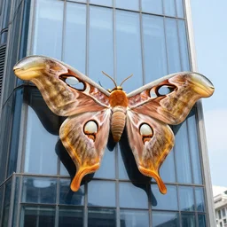 photo of a colossal atlas moth on the side of a skyscraper, wings spread
