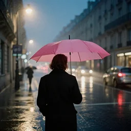 street of paris photography, night, rain, mist, a umbrella pink, cinestill 8 0 0 t, in the style of william eggleston