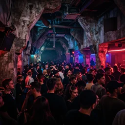 photograph of the inside of a hidden club on a busy night, closeup, brutalist design, cyberpunk, sigma 85mm f/1.4, 4k, depth of field, high resolution, 4k, 8k, hd, full color