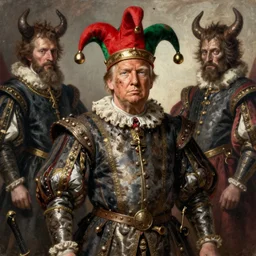 donald j trump as an english court jester. red and green jester hat with bells.. medieval dirty and grimy noble. historic royal portrait from the elizabethan era. oil painting, highly detailed, centered, digital painting, artstation, concept art, smooth, sharp focus, illustration, artgerm, tomasz alen kopera, peter mohrbacher, donato giancola, joseph christian leyendecker, zdzisław beksinski, drew struzan, hell demons