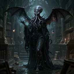 concept designs for an ethereal wraith like figure with a squid for a head and a cloak like a bat that floats around collecting knowledge in ancient forgotten libraries and that hides amongst the shadows for the resident evil game franchise with inspiration from the franchise Bloodborne and the mind flayer from stranger things on netflix
