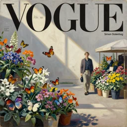 butterfly flower market, vogue magazine, gerardo dotto and simon stalenhag, oil on canvas
