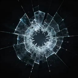 Shining shattered glass floating in darkness, 4K photograph, dramatic lighting