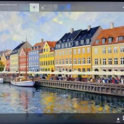 wide screenshot, ultrawide, copenhagen houses along the water, impressionistic painting-n4