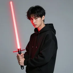 a man with black hair in a black hoodie posing while holding a red lightsaber, Trending on artstation