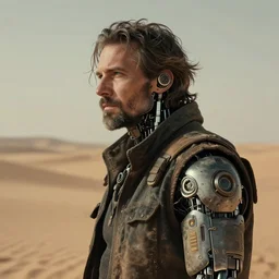 a rugged middle aged engineer man with cybernetic enhancements lost in the desert, funky mid length hair, scifi character portrait by greg rutkowski, esuthio, craig mullins, short beard, green eyes, 1 / 4 headshot, cinematic lighting, dystopian scifi gear, gloomy, profile picture, mechanical, half robot, implants, dieselpunk