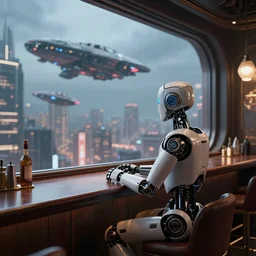 lonely barmen human - like robot sitting in the futuristic bar and looking in the huge window where he see enoughromous city on the spaceship and flying cars, 8 k, hyperrealistic, unreal engine, extreme detailes, 4 k, high resolution, cinematic, unreal engine 5