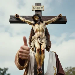 jesus on the cross giving a thumbs up to the camera.
