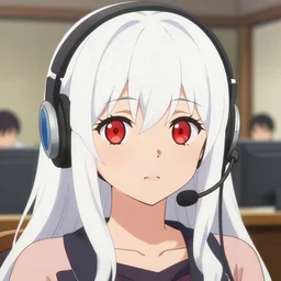 a fill still portrait of a white long hair red eyed young cute girl wearing a headset in a room interior, closeup, perfect art, gapmoe yandere, trending on pixiv fanbox, painted by makoto shinkai takashi takeuchi studio gibli, akihiko yoshida, 4 k