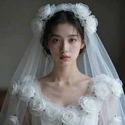 hight focus f - 2 2, 8 5 mm, iso 1 0 0 : a wonderful realistic focused sweet face mid portrait of a lonely woman with a detailed wonderful symmetrical face who is dressed with a wonderful, majestic, large semi transparent white cotton dress ornate with semi transparent cotton roses and semi transparent white veils, dramatic light, octane render, by roberto ferri style, - 8 k
