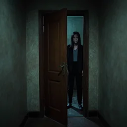 door in a dimly lit creepy room, liminal space, greg rutkowksi and tooth wu