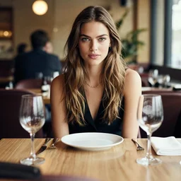 supermodel stephanie seymor portrait, sitting down behind table, restaurant, photography,