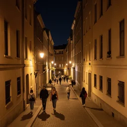 high quality photograph of just one city street at night, photo taken at eye height, extremely narrow angle, nightlife, people walking, 4 k professional photograph, nice place to live, midrise buildings, narrow streets, soft warm street lamps, small windows, cozy, trending on artstation, detailed, beautiful, photograph, realistic