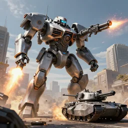 six meter tall mech firing a minigun in a city, action scene, massive robot, futuristic main battle tank, battletech, concept art, artbook, unreal engine screenshot, action game, octane render, trending on artstation