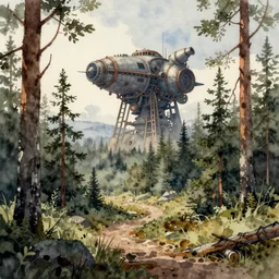 somber scandinavian woodland landscape with steampunk spaceship looming in the background water color