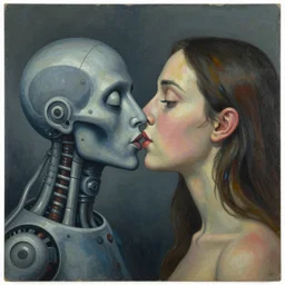 Oil painting by Roberto Matta. Strange mechanical beings kissing. Close-up portrait by Lisa Yuskavage.