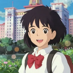 anime fine details portrait of joyful school girl stay in front of big post soviet city buildings, nature, bokeh, close-up, anime masterpiece by Studio Ghibli. 8k, sharp high quality classic anime from 1990 in style of Hayao Miyazaki vivid synthwave