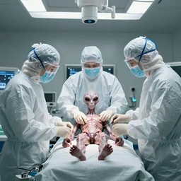 dissection of a alien humanoid in a clean white surgery room by three humans wearing level 3 biological safety suits, security camera frame, creepy, 3D render