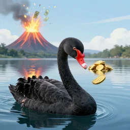an ape headed black swan, swimming in the lake, a volcano is erupting money and gold instead of lava as background. portrait photography, high definition, 4 k, 8 k, popular on national geographic, highly detailed feathers.