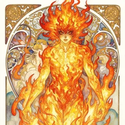 a beautifull intricate watercolour painting of fire character, verry high details by william turner, greg rutkowski and alphonse mucha, trending on artstation, very very detailed, masterpiece, vibrant colors
